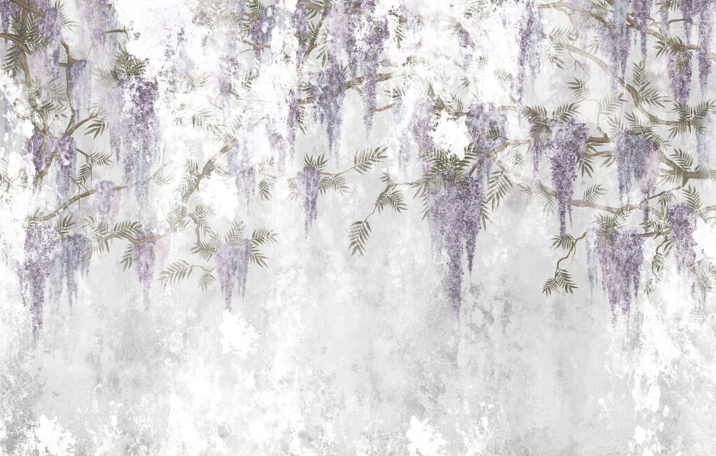 Witte muur met paarse bloemen Witte muur met paarse bloemen