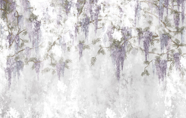 Witte muur met paarse bloemen Witte muur met paarse bloemen