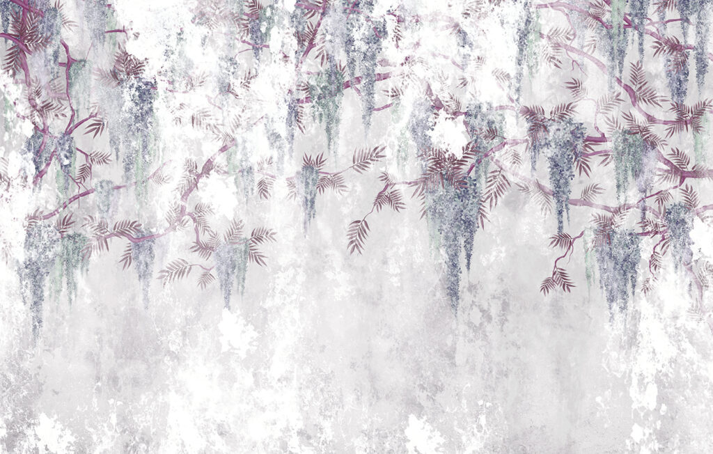 A white wall with purple flowers
