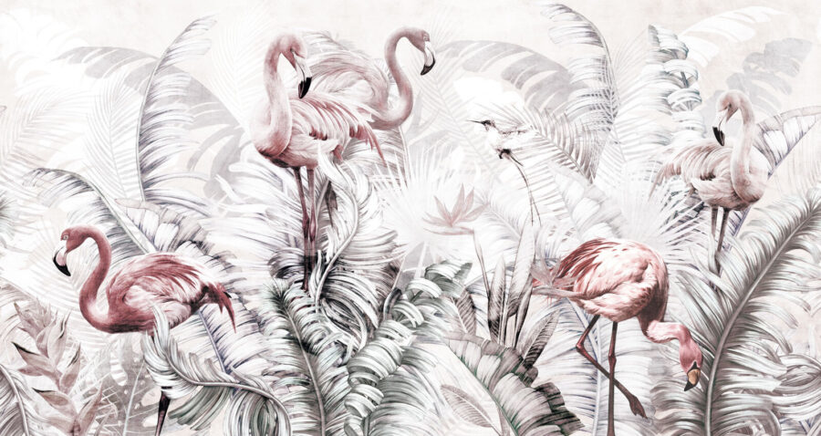 Fotobehang Behang met flamingo's en vogels - Afbeelding 8