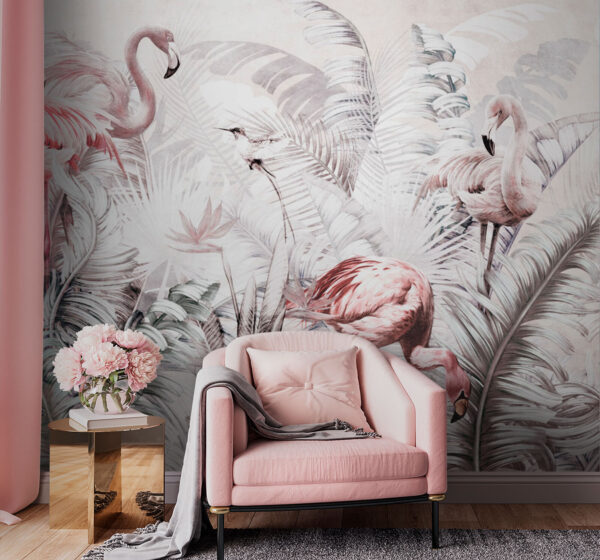 Behang met flamingo's en vogels Behang met flamingo's en vogels