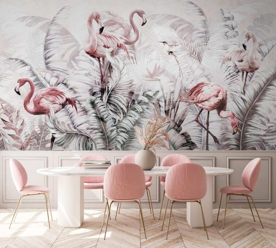 Fotobehang Behang met flamingo's en vogels - Afbeelding 3