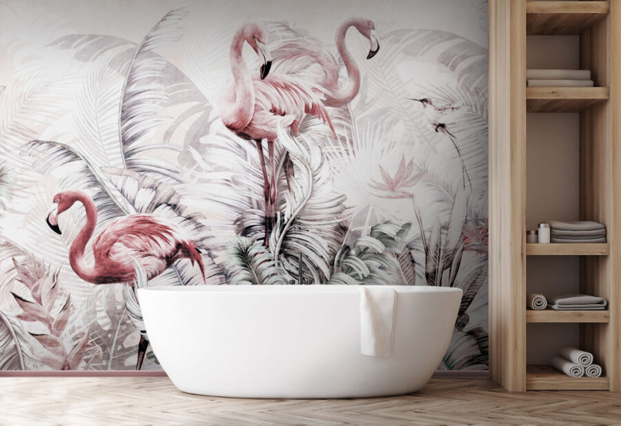 Fotobehang Behang met flamingo's en vogels - Afbeelding 4