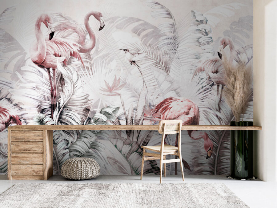 Behang met flamingo's en vogels