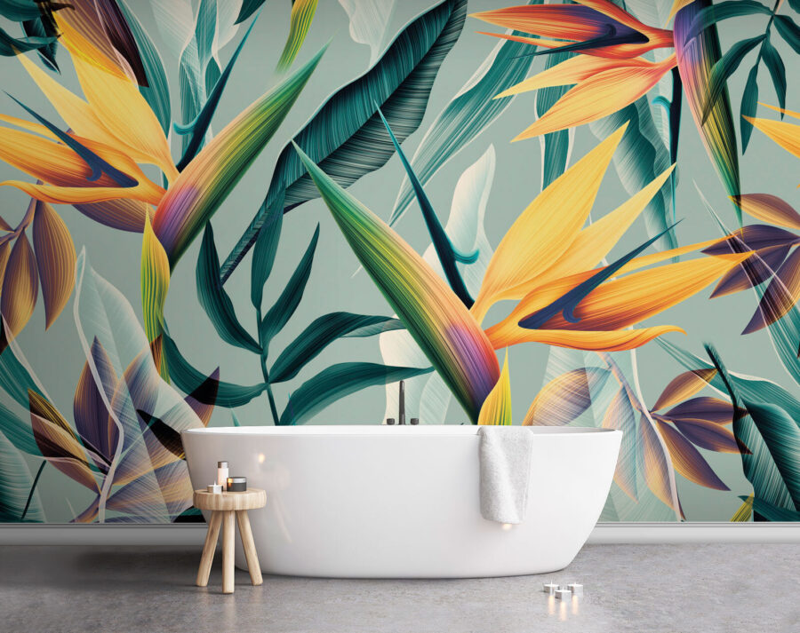 Fotobehang Kleurrijke bloemen en bladeren