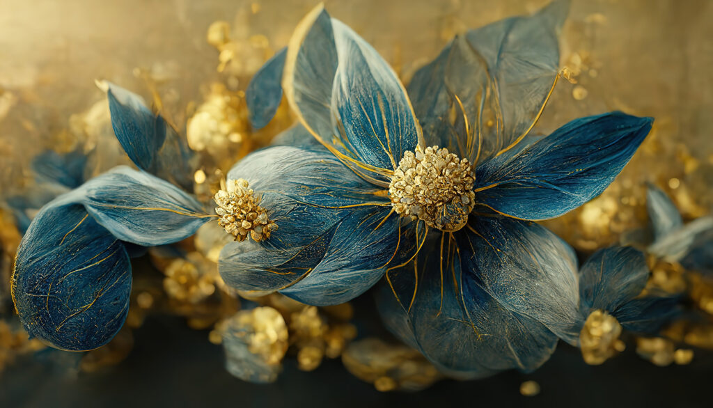 Elegante blauwe bladeren en delicate bloemen Elegante blauwe bladeren en delicate bloemen