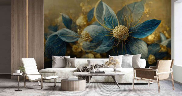 Elegante blauwe bladeren en delicate bloemen Elegante blauwe bladeren en delicate bloemen