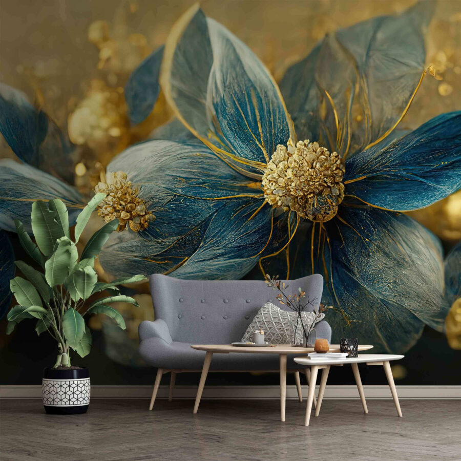 Elegante blauwe bladeren en delicate bloemen