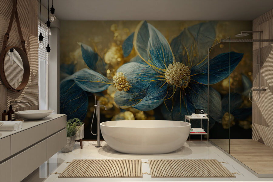 Elegante blauwe bladeren en delicate bloemen