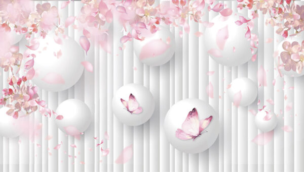 Groep witte ballen met roze vlinders erop Groep witte ballen met roze vlinders erop