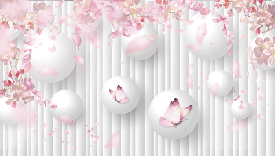Groep witte ballen met roze vlinders erop