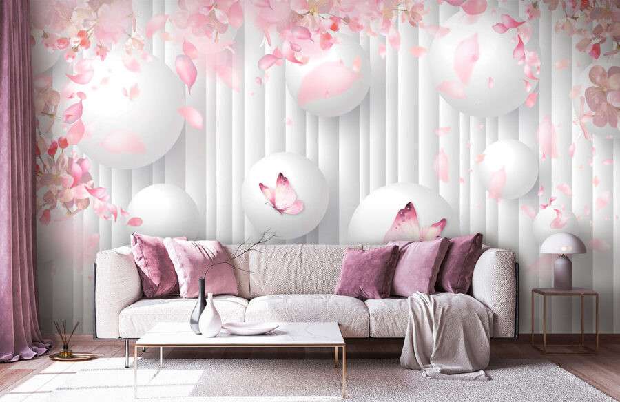 Groep witte ballen met roze vlinders erop