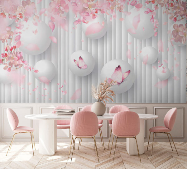 Groep witte ballen met roze vlinders erop Groep witte ballen met roze vlinders erop
