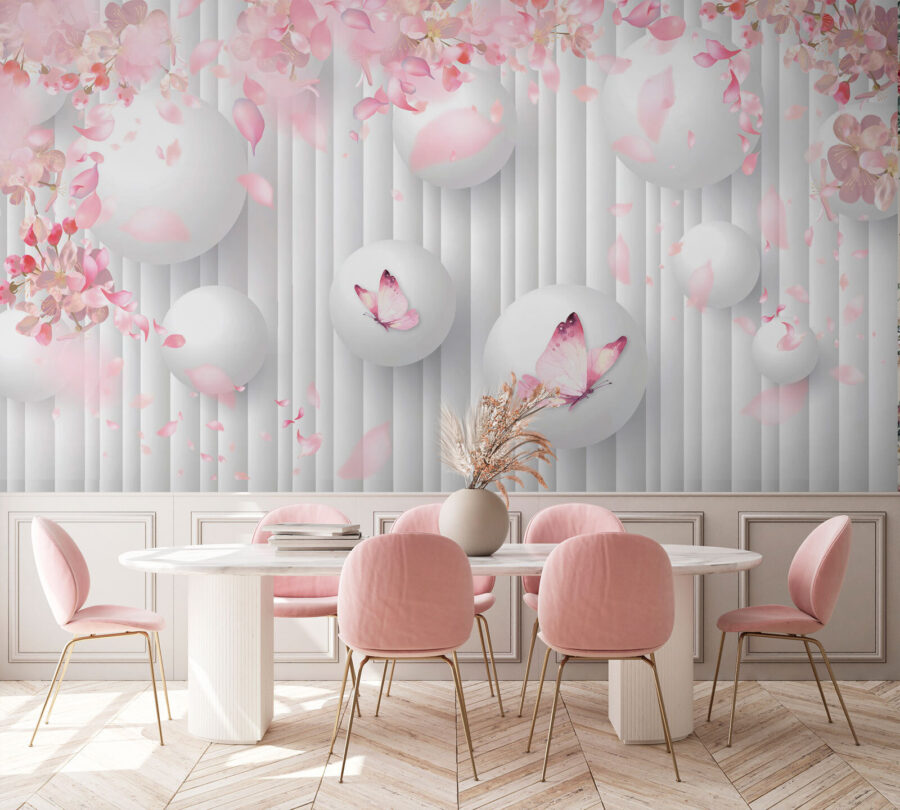 Groep witte ballen met roze vlinders erop