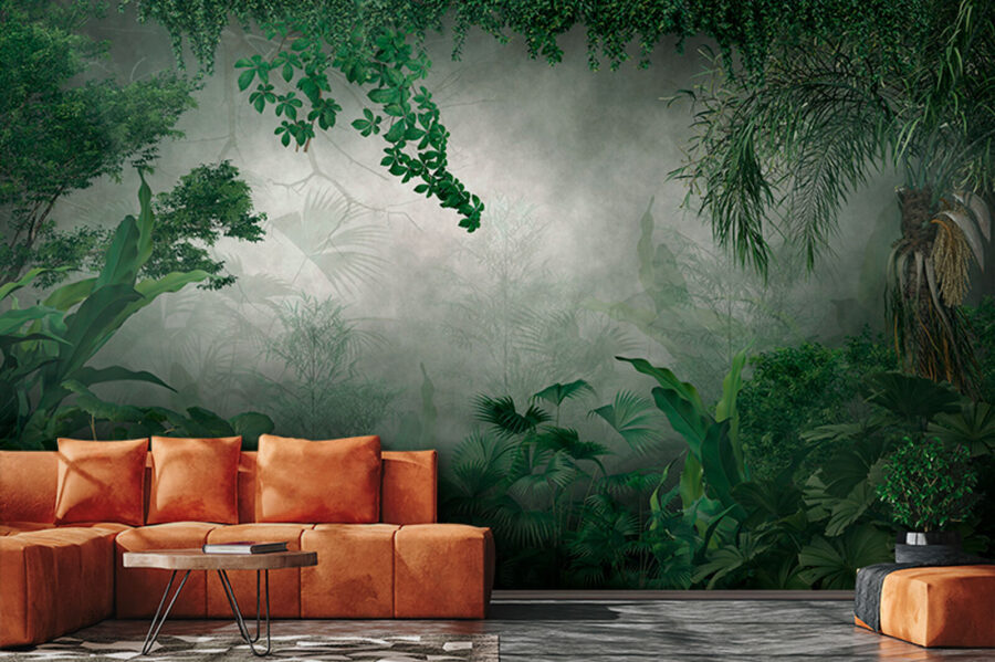 Mistig bos met planten en bomen
