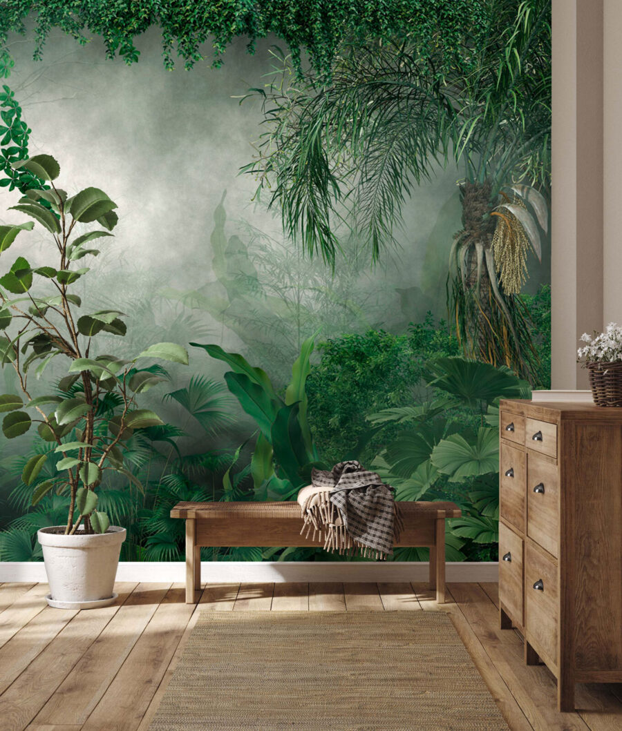 Mistig bos met planten en bomen