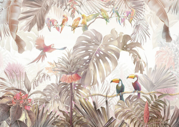 Groep vogels op een tak omringd door tropische planten Groep vogels op een tak omringd door tropische planten