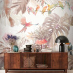 Fotobehang Groep vogels op een tak omringd door tropische planten