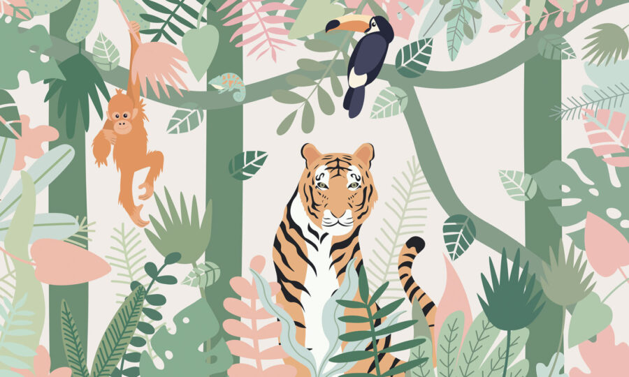 Tijger en vogels in de jungle