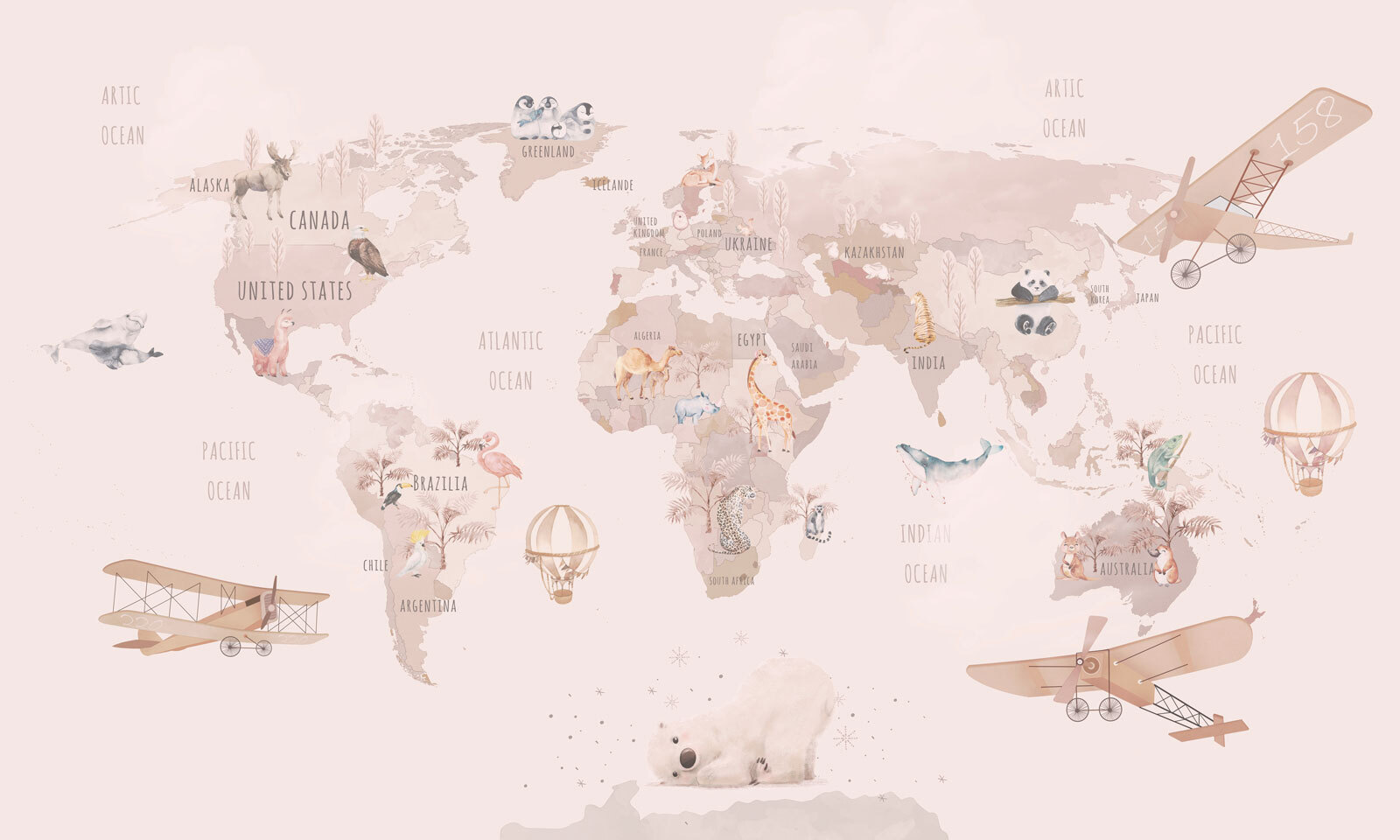 Map of the world with animals and birds Map of the world with animals and birds