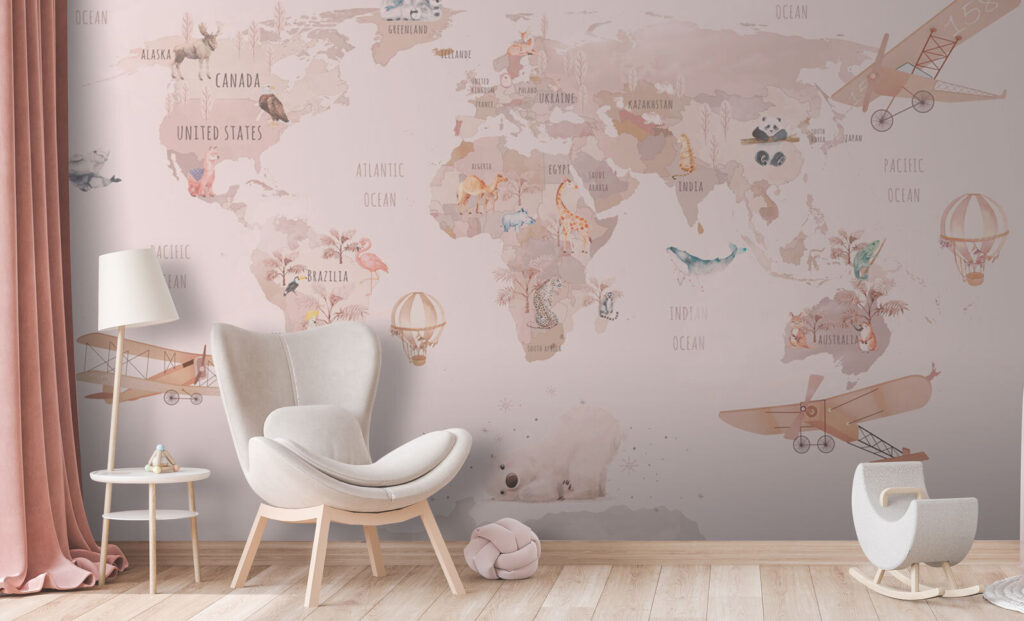 Map of the world with animals and birds Map of the world with animals and birds