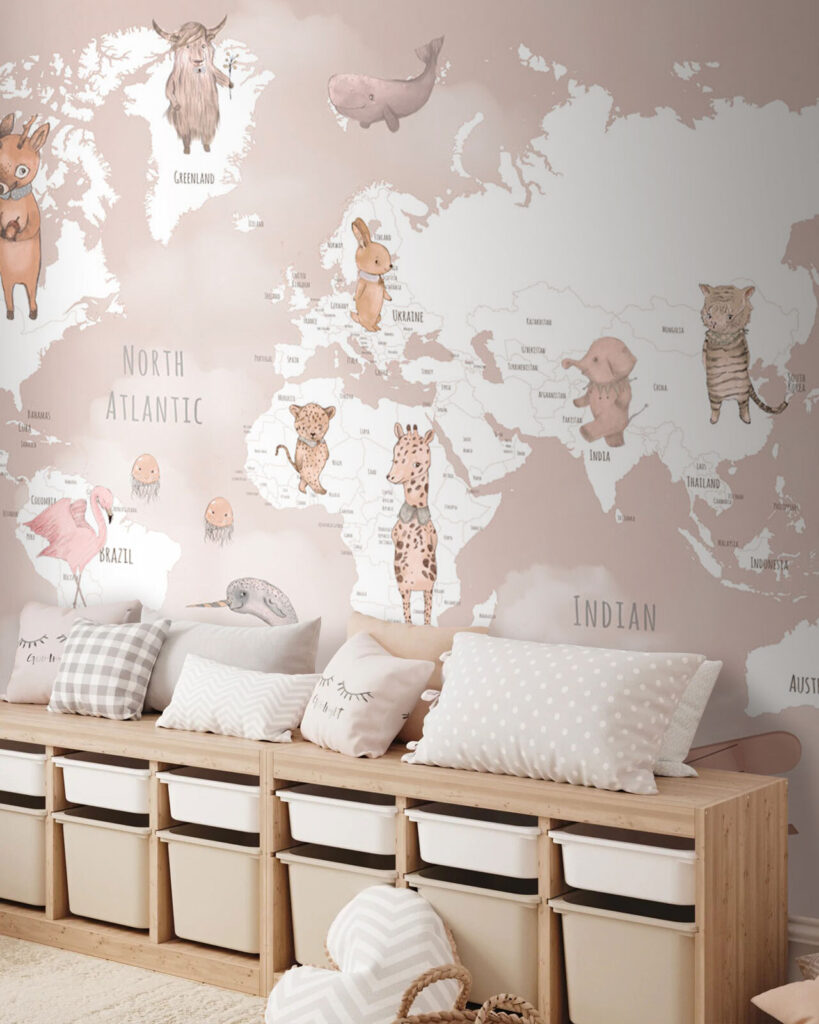 Map of the world with animals Map of the world with animals