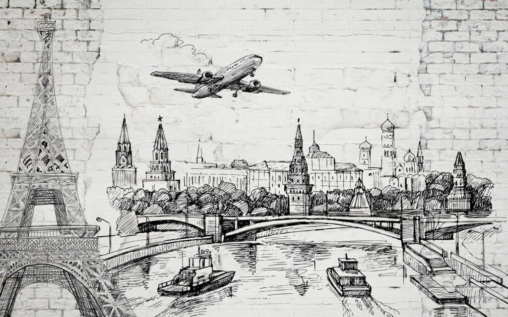 Tekening van een stad en een brug Tekening van een stad en een brug