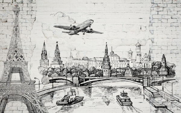 Tekening van een stad en een brug Tekening van een stad en een brug