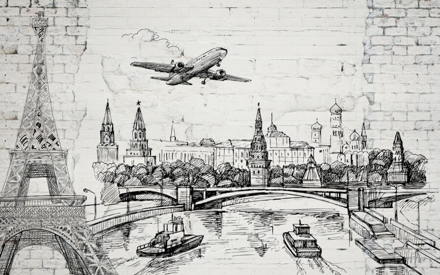 Tekening van een stad en een brug