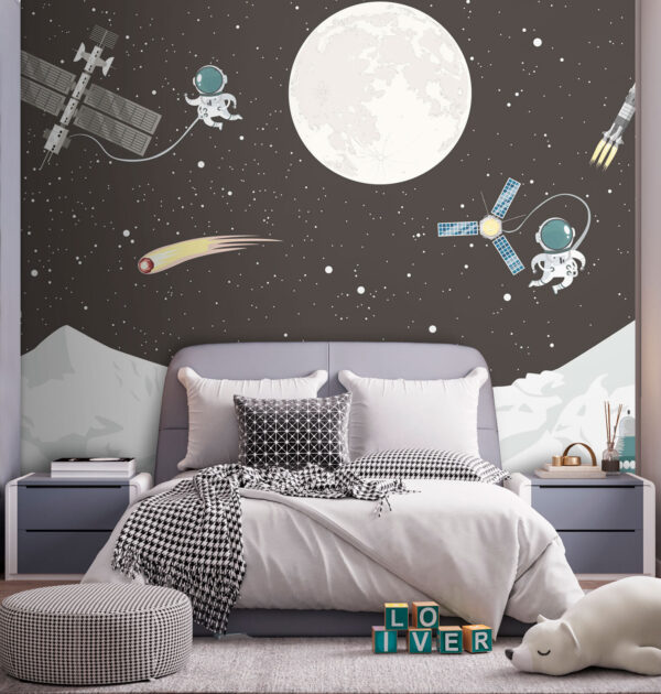 Ruimtescène met een maan en satelliet Ruimtescène met een maan en satelliet