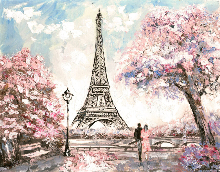 Schilderij van een toren met roze bloemen