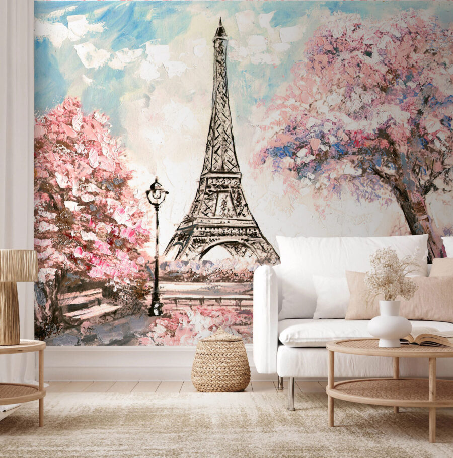 Schilderij van een toren met roze bloemen