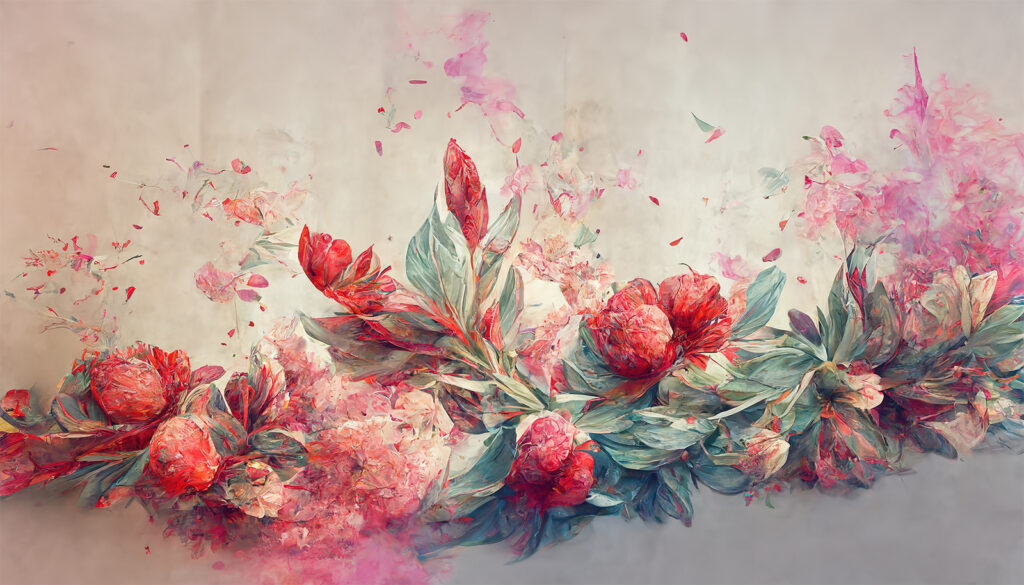 Schilderij van bloemen en bladeren Schilderij van bloemen en bladeren