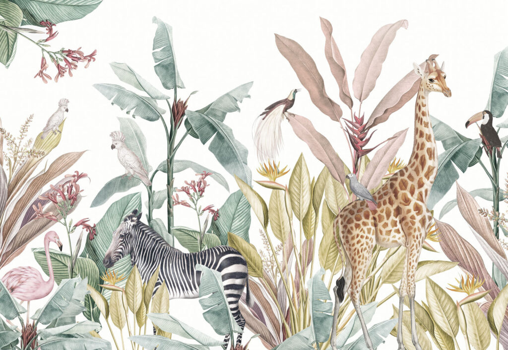 Behang met zebra's en vogels Behang met zebra's en vogels
