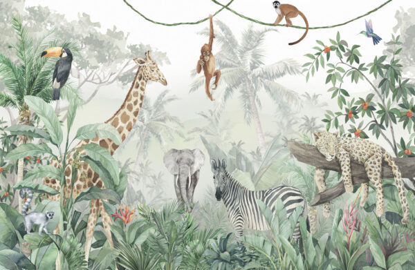 Muurschildering van dieren in de jungle Muurschildering van dieren in de jungle