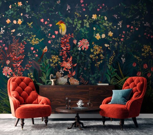Behang met bloemen en vogels Behang met bloemen en vogels