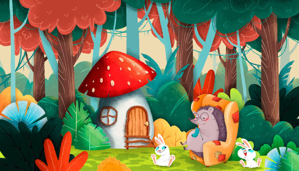Cartoon van een egel zittend in een stoel in een bos Cartoon van een egel zittend in een stoel in een bos