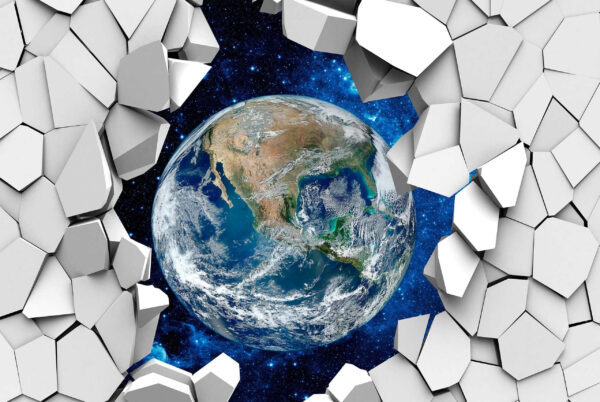 Planeet aarde breekt door een gat in de muur Planeet aarde breekt door een gat in de muur