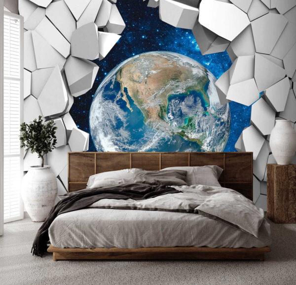 Planeet aarde breekt door een gat in de muur Planeet aarde breekt door een gat in de muur