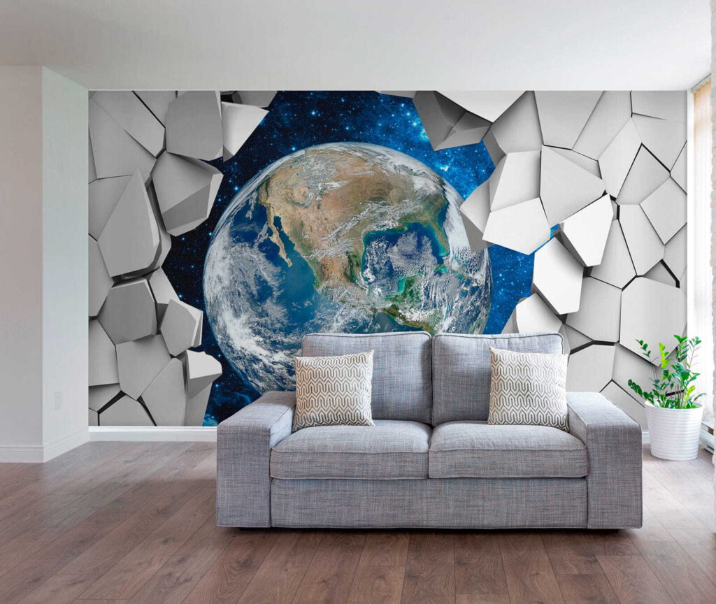 Planet earth breaking through a hole in the wall Planet earth breaking through a hole in the wall