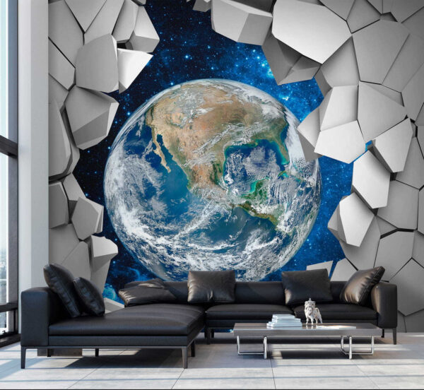Planeet aarde breekt door een gat in de muur Planeet aarde breekt door een gat in de muur