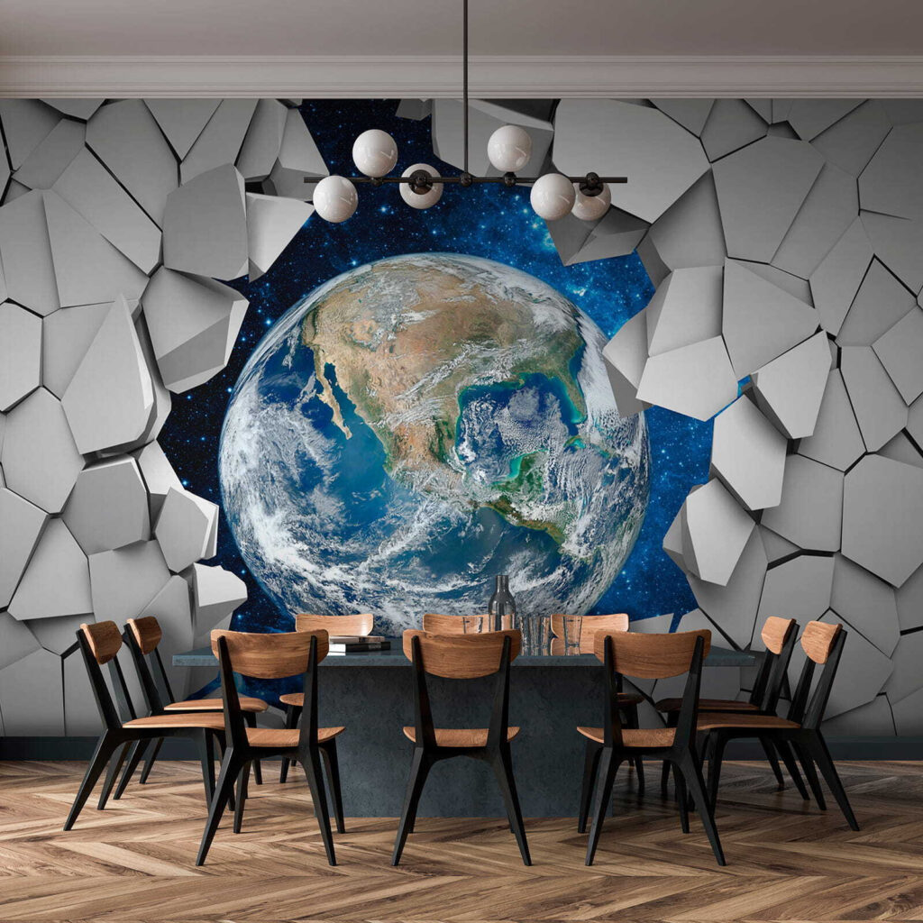 Planet earth breaking through a hole in the wall Planet earth breaking through a hole in the wall