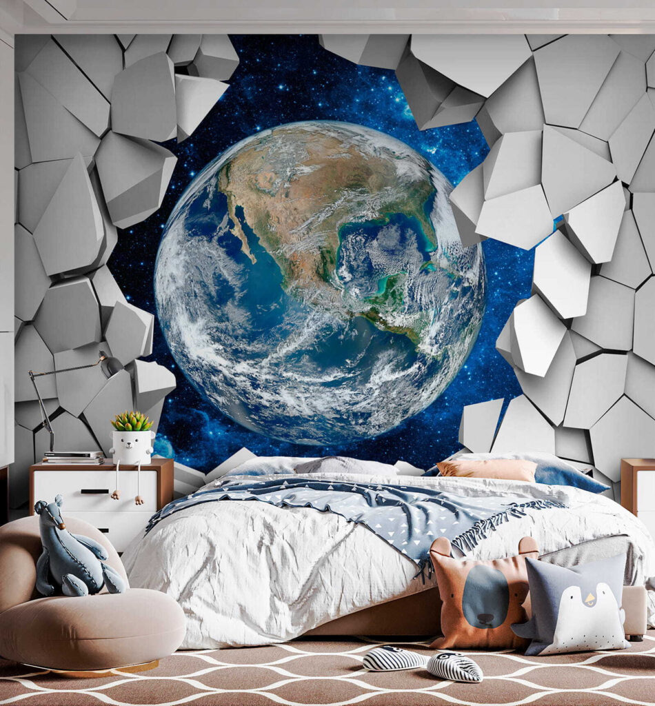 Planet earth breaking through a hole in the wall Planet earth breaking through a hole in the wall