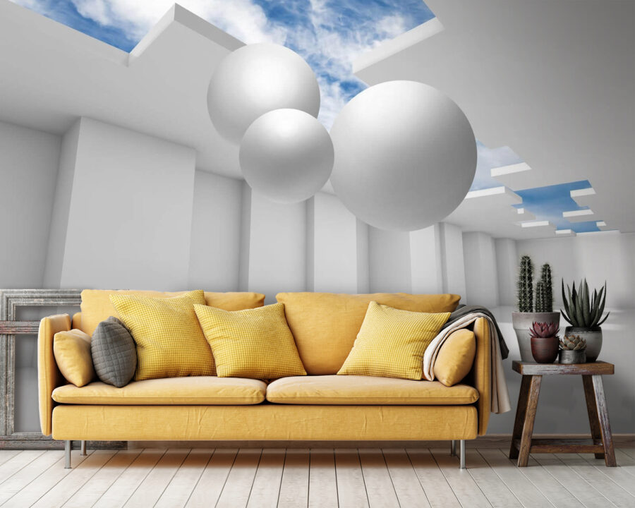 Witte kamer met witte muren en witte ballen Witte kamer met witte muren en witte ballen