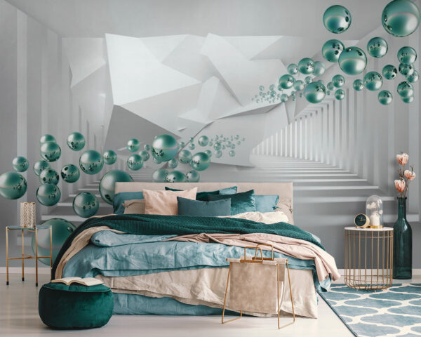 Witte kamer met witte muren en witte zuilen en groene ballen Witte kamer met witte muren en witte zuilen en groene ballen