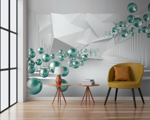 Witte kamer met witte muren en witte zuilen en groene ballen Witte kamer met witte muren en witte zuilen en groene ballen