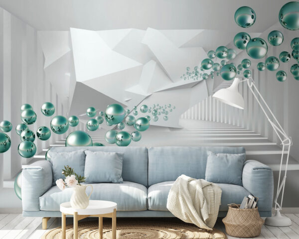 Witte kamer met witte muren en witte zuilen en groene ballen Witte kamer met witte muren en witte zuilen en groene ballen