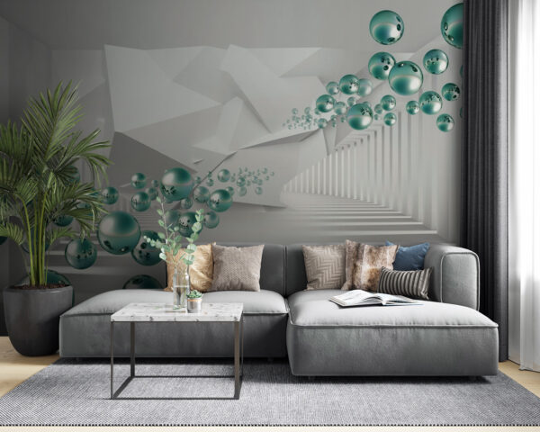 Witte kamer met witte muren en witte zuilen en groene ballen Witte kamer met witte muren en witte zuilen en groene ballen