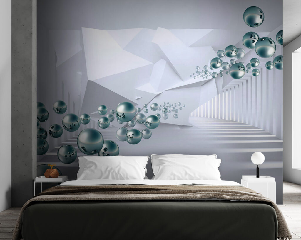 White room with white walls and white columns and silver balls White room with white walls and white columns and silver balls