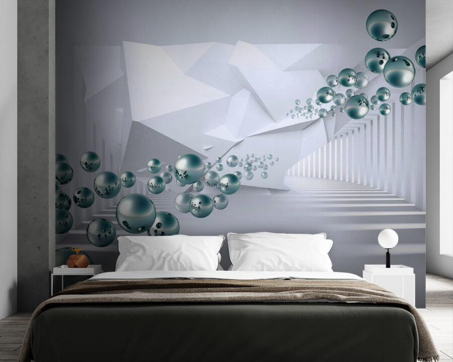 Witte kamer met witte muren en witte zuilen en zilveren ballen